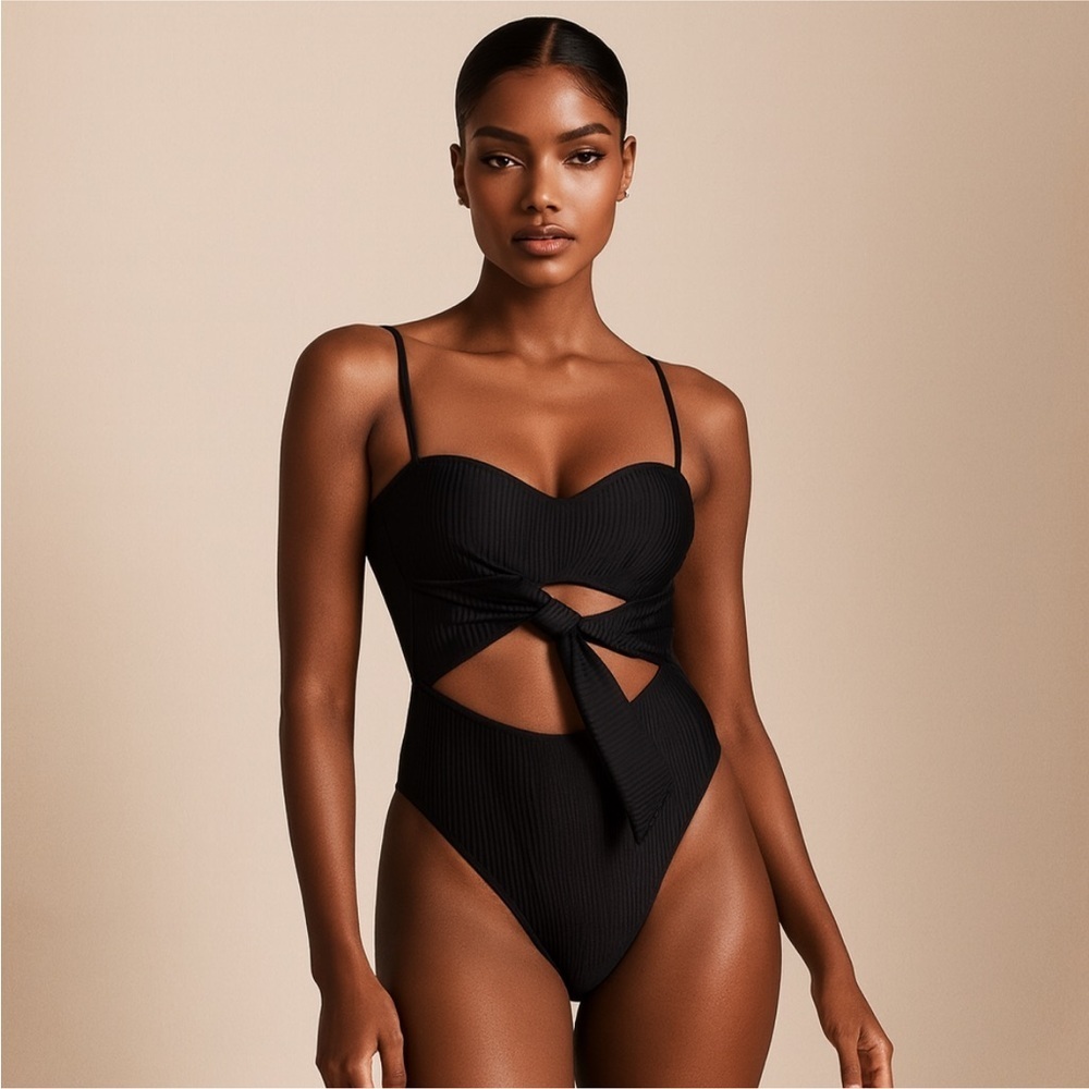 Black (NWT) Ribbed One-Piece Swimsuit with Cutout Size Medium Women BathingSuit
